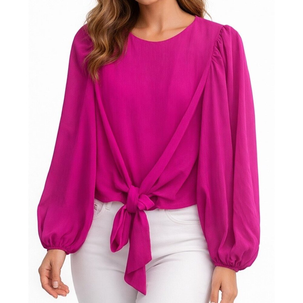 NEW Anthropologie Pink Tie Front Blouse Top Small Long Sleeve